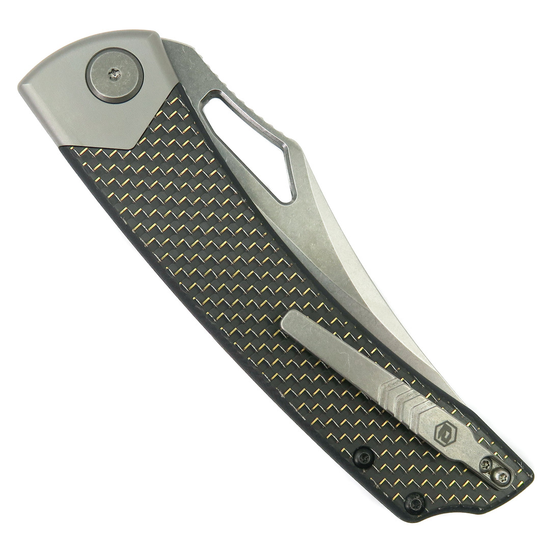 BRS E-Volve Gold Lightning Khopesh Thumb Slot Folder Knife, Stonewash Blade, clip view