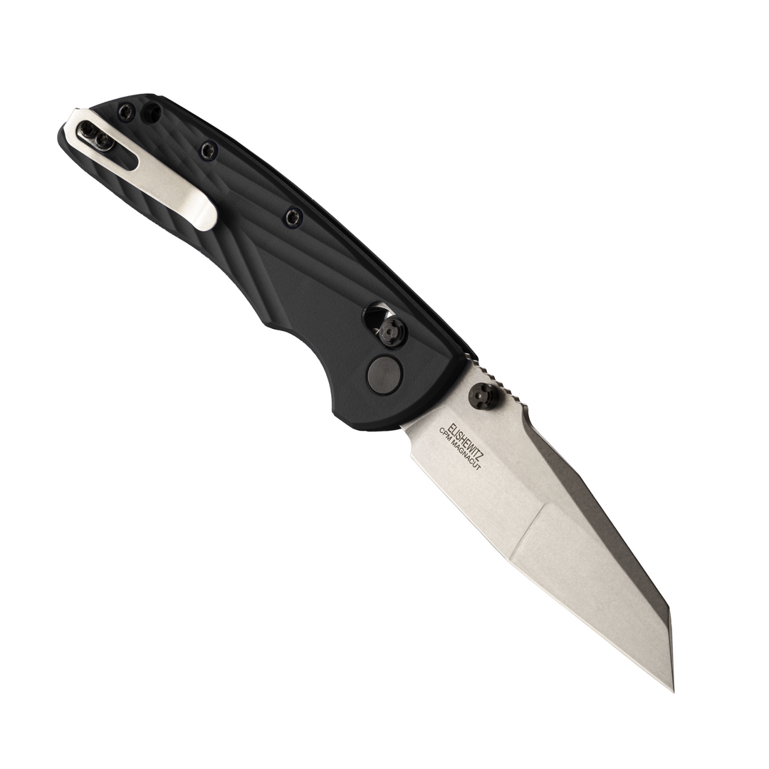 Hogue Knives Black Deka MagnaCut Wharncliffe Folding Knife, Stonewash Blade, clip view