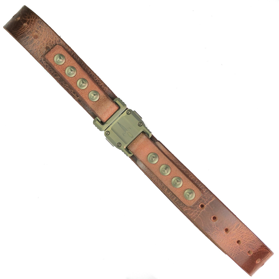 Microtech Marfione Custom Apis Distressed Brown Water Buffalo Leather Bronze Titanium Belt