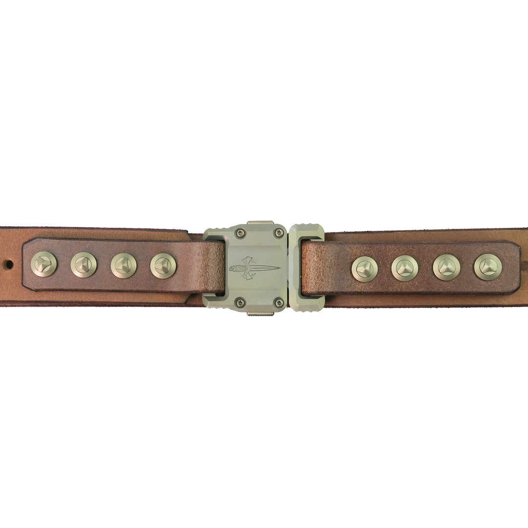 Microtech Marfione Custom Apis Brown Water Buffalo Leather Bronze Titanium Belt, Close