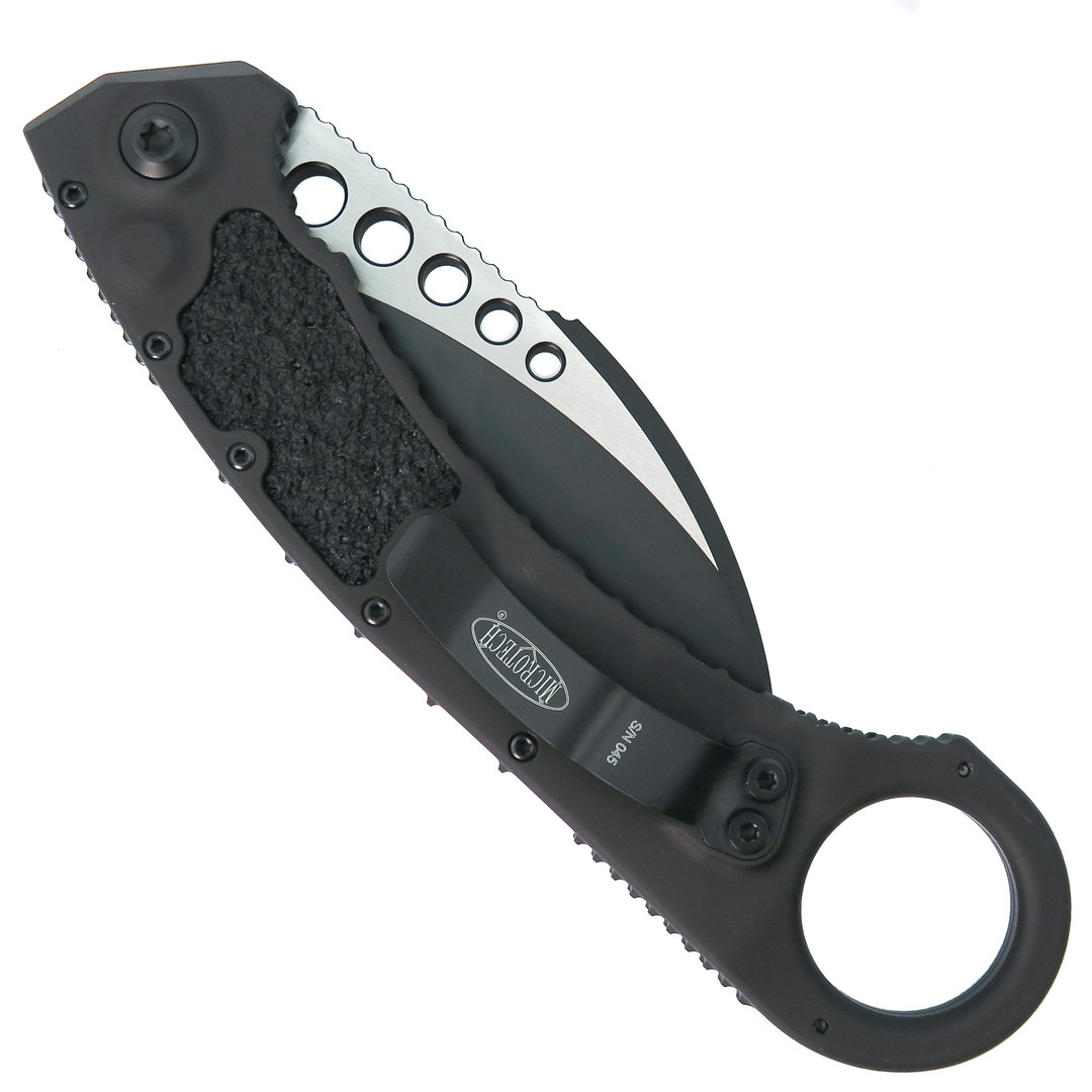 Microtech Tactical Hawk Karambit Auto Knife, Hawkbill Black Blade, Clip View