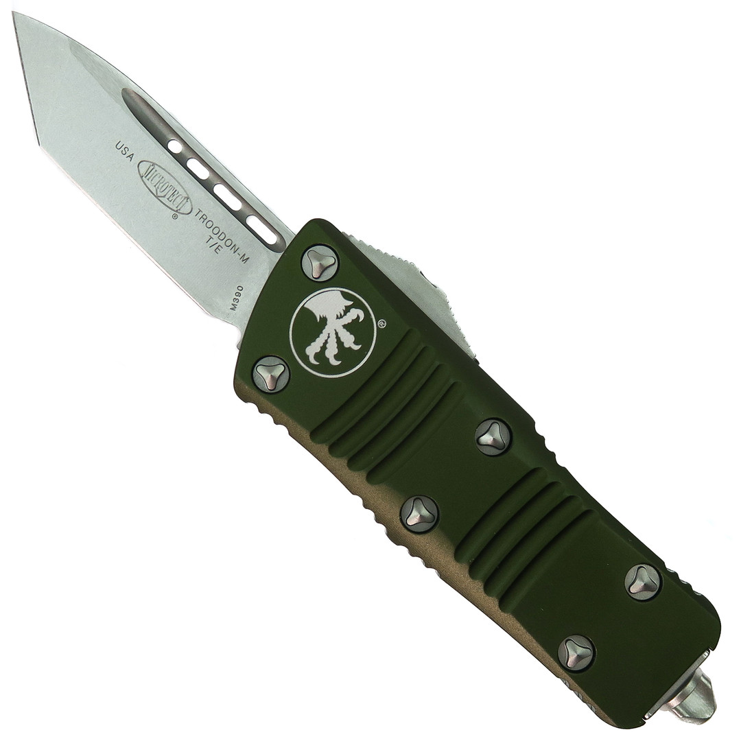 Microtech Mini Troodon OD Green OTF Auto Knife, Tanto Stonewash Blade 