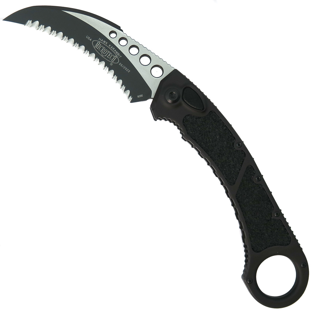 Microtech Tactical Hawk Karambit Auto Knife, Hawkbill Black Serrated Blade
