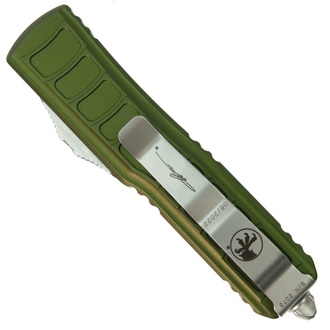 Microtech Signature Series OD Green UTX-85 II OTF Knife, Stonewash Blade, Clip View