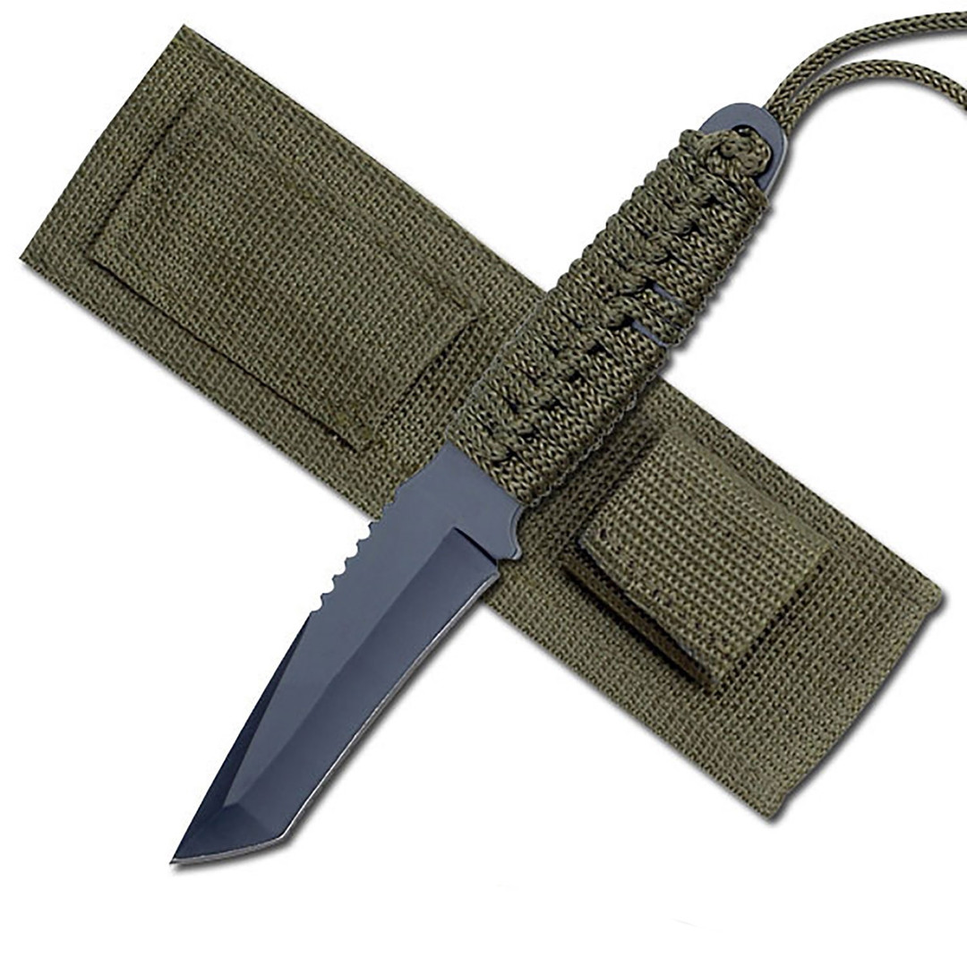 Survivor Knives HK-106C Army Green Paracord Fixed Blade Knife & Fire Starter, Black Tanto Blade