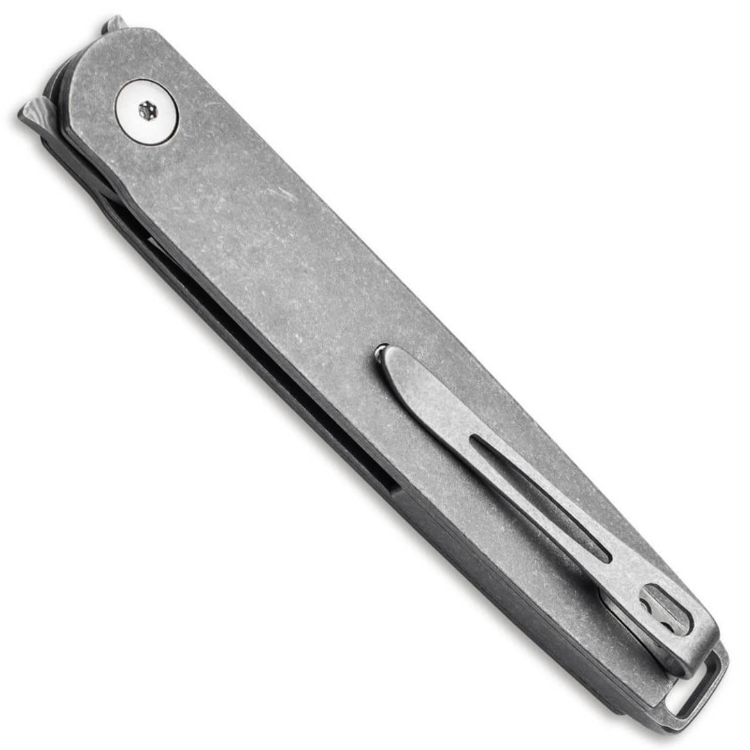 Boker Plus LRF Titanium Flipper Knife, Damascus Blade, Clip View