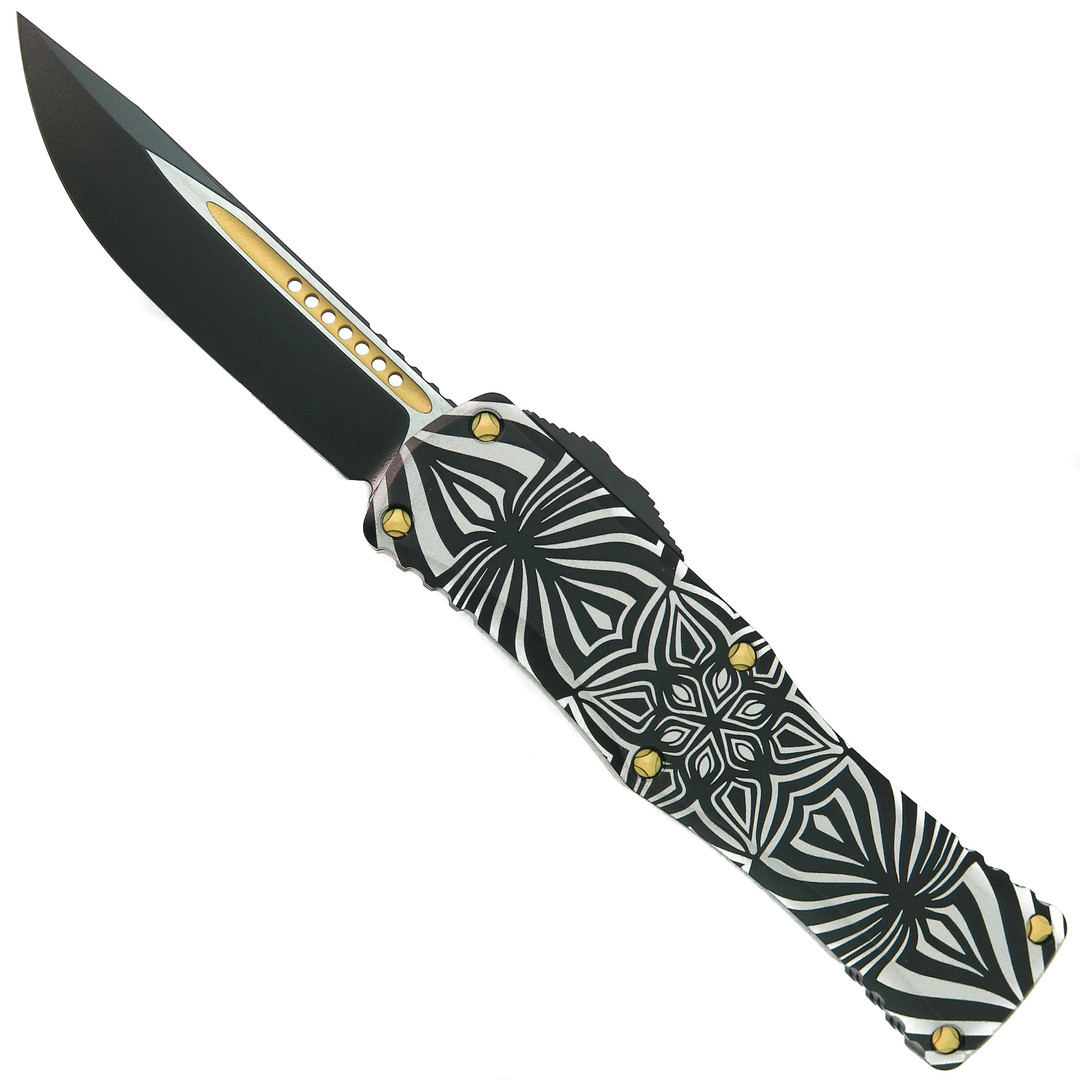 Microtech "Source" Hera OTF Knife, Two-Tone Black Drop Point with Gold