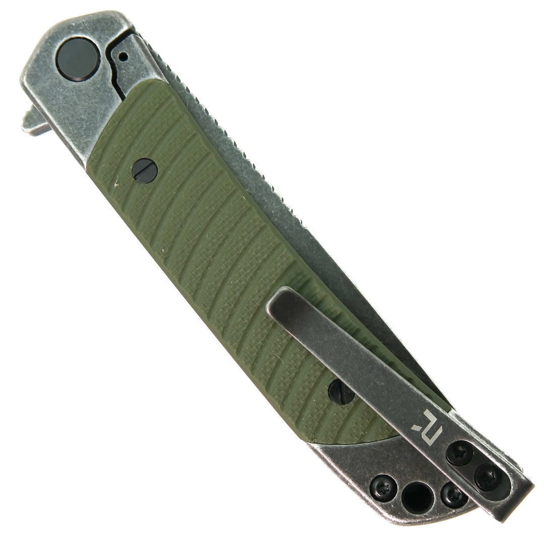 REVO Duo Green Drop Point Frame Lock Knife, Clip View