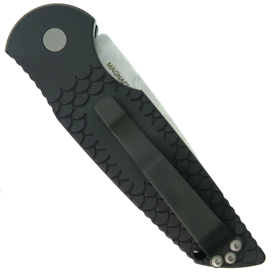 Pro-Tech TR-3 Fish Scale Tactical Response 3 Auto Knife, Magnacut Stonewash Blade, Clip View