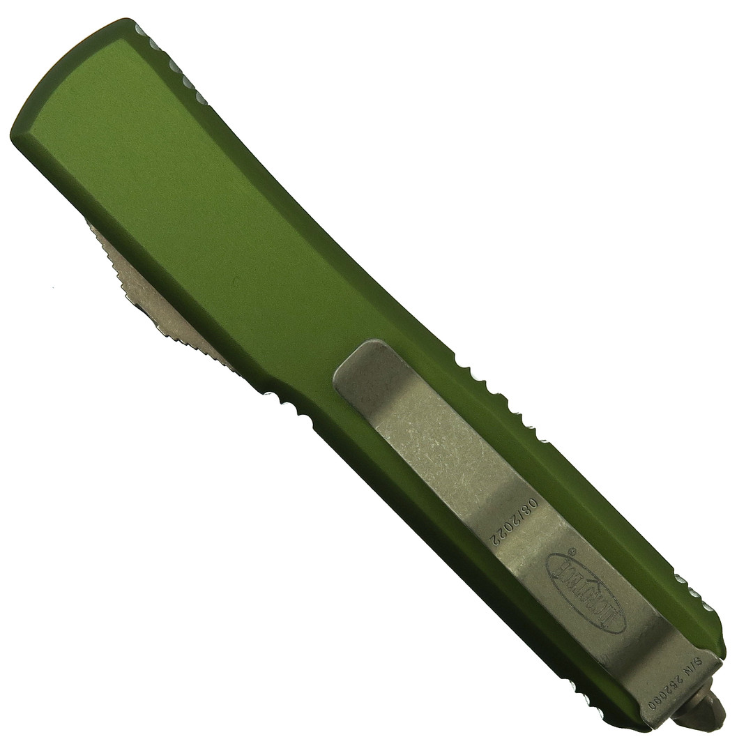 Microtech OD Green Ultratech OTF Auto Knife, Bronzed Dagger Blade, Clip View