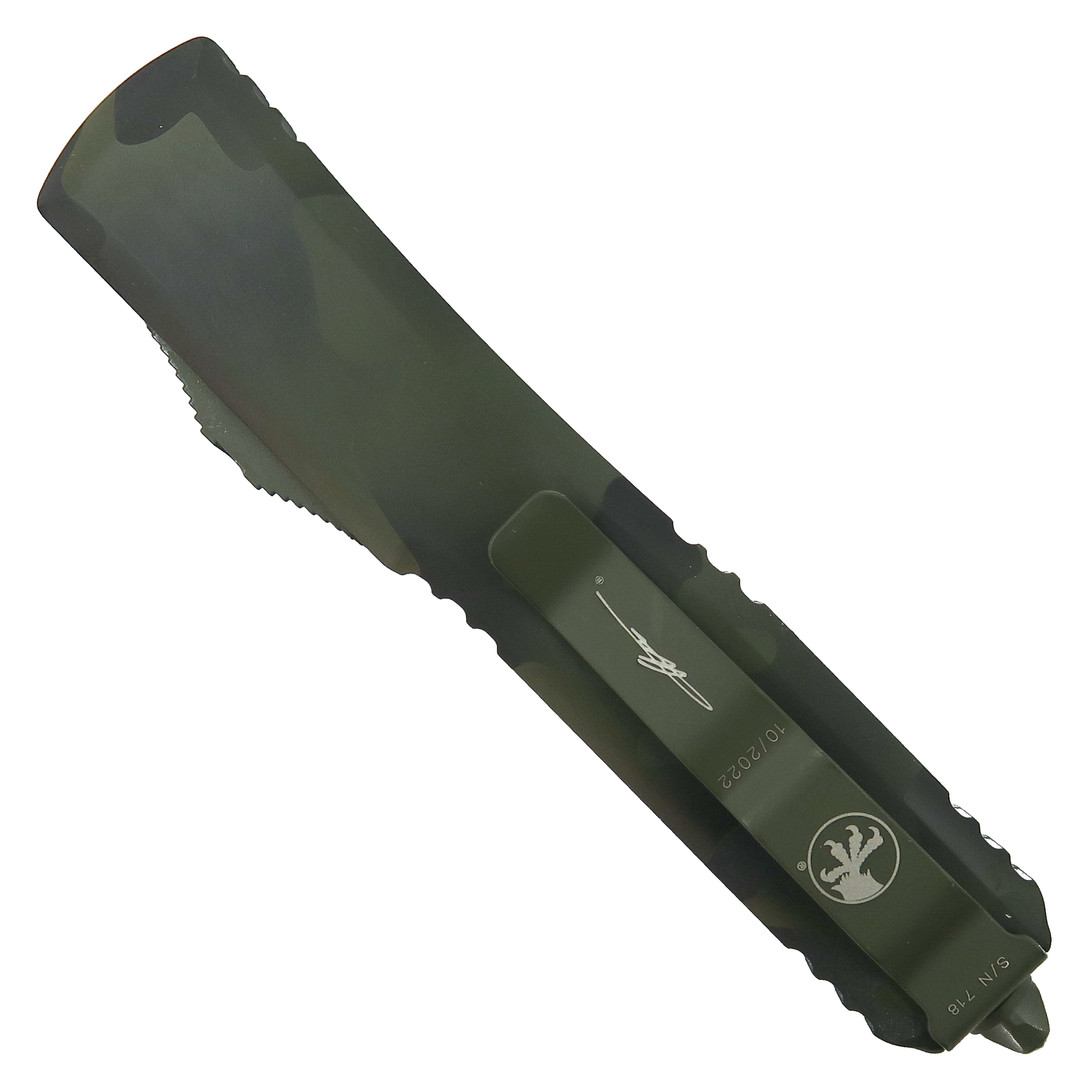 Microtech Signature Series Olive Camo Ultratech OTF Auto Knife, Part Serrated Bayonet, Clip View