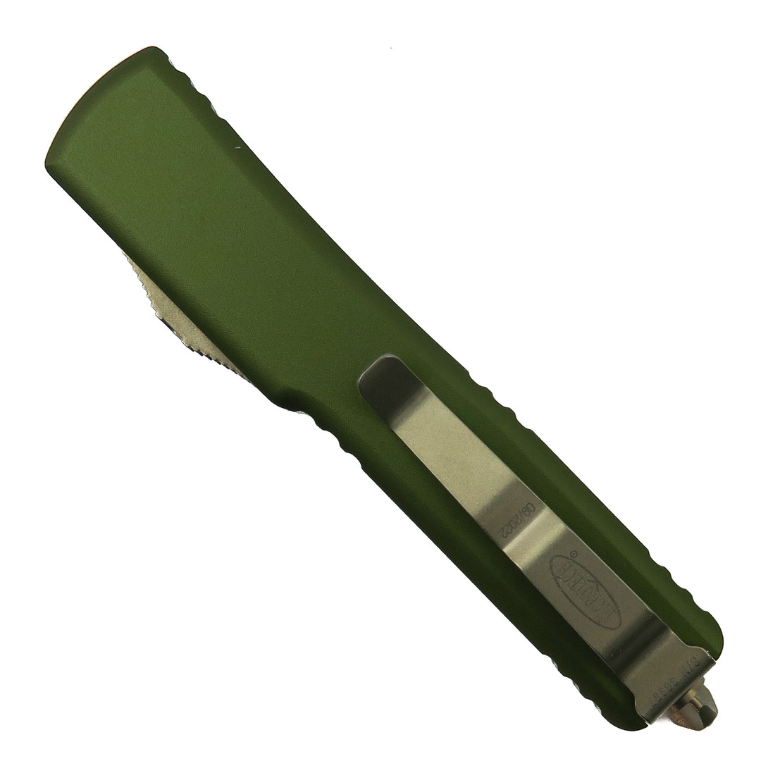 Microtech OD Green UTX-70 OTF Auto Knife, Bronze Dagger Blade, Clip View