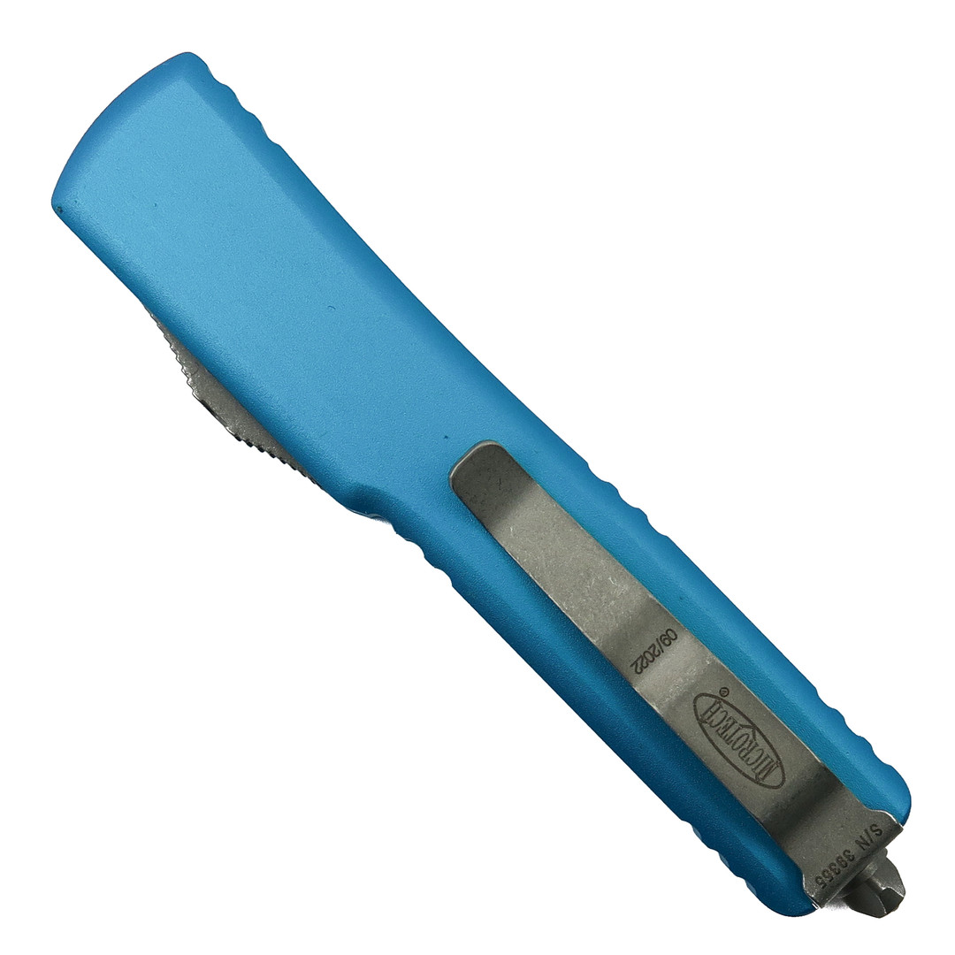 Microtech Turquoise UTX-70 OTF Auto Knife, Apocalyptic Dagger Blade, Clip View