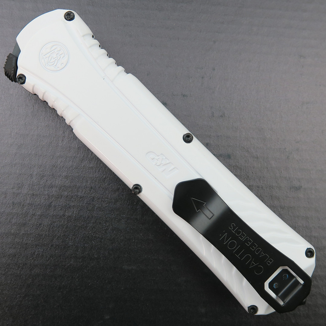 Smith & Wesson Exclusive White M&P 10 OTF Spring Assist Knife, Black Tanto, Clip View