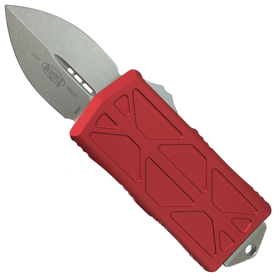 Microtech Red Exocet OTF Auto Knife, Stonewash Blade