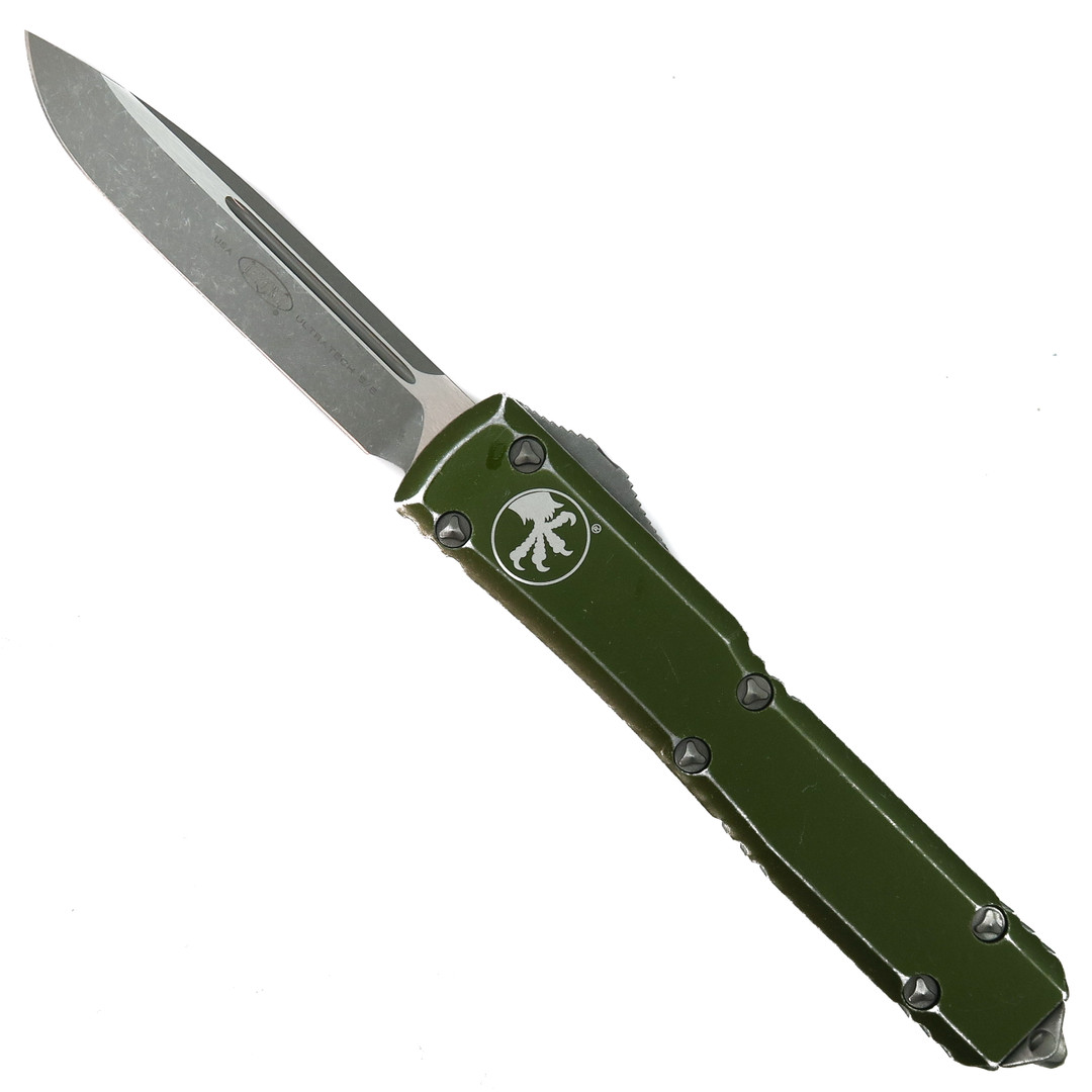 Microtech Distressed OD Green Ultratech OTF Auto Knife, Apocalyptic Stonewash Blade