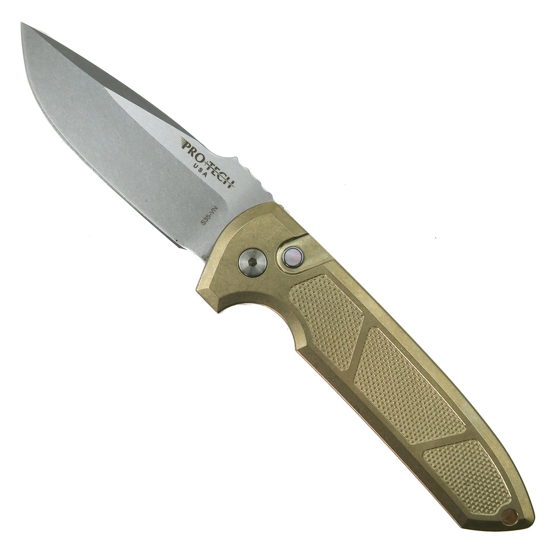 Pro-Tech Textured AlBronze Rockeye Auto Knife, Stonewash Blade