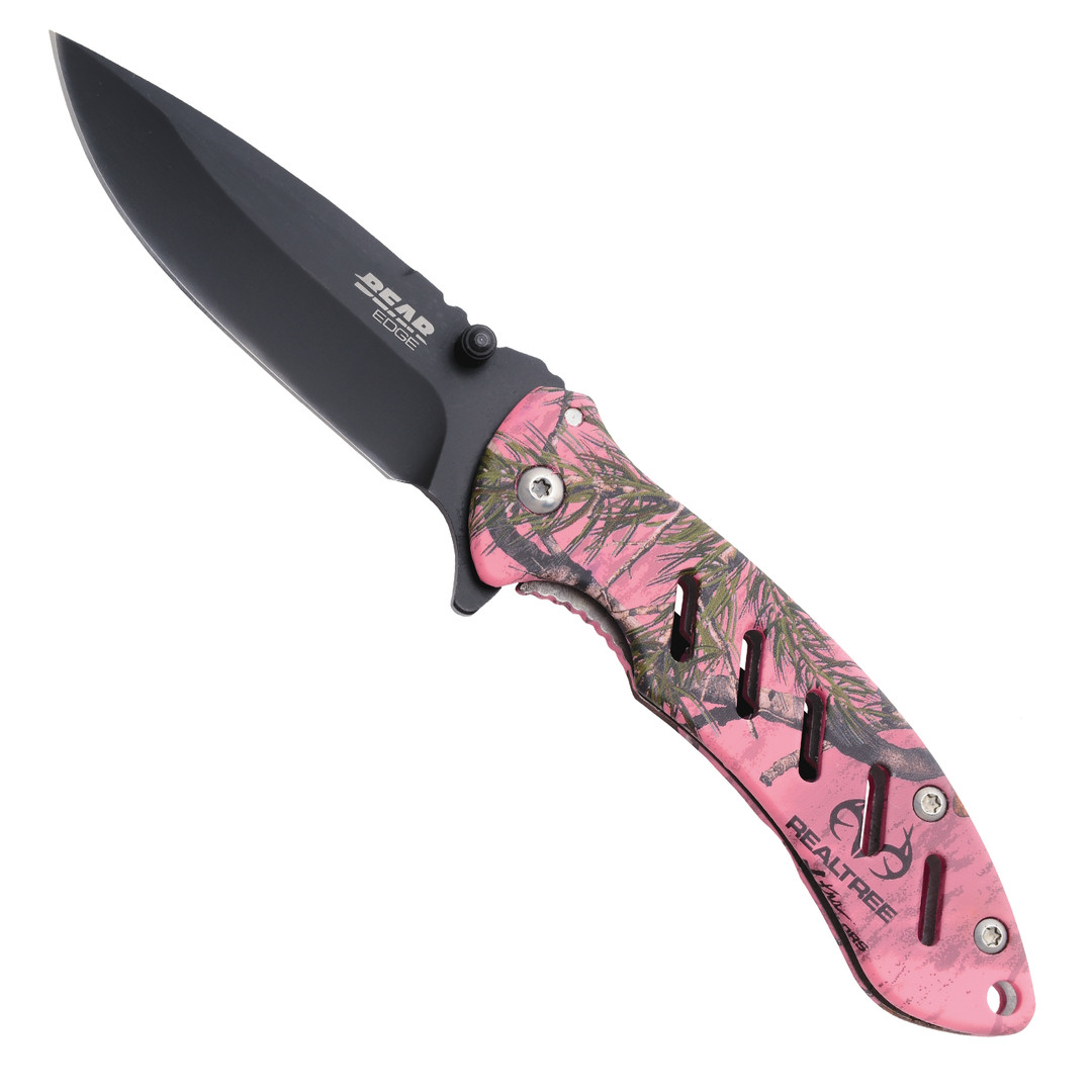 Bear Edge Realtree Xtra Pink Camo Brisk Frame Lock Folder, Black Blade