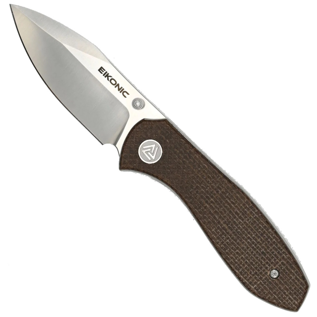 Eikonic Brown Canvas Micarta Kasador Flipper Knife, Satin Blade