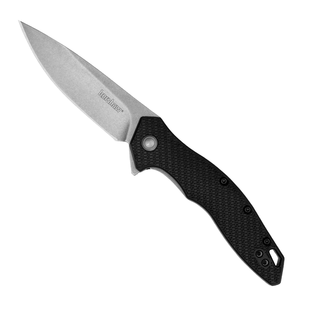 Kershaw Black Glass-Reinforced Nylon Shoreline Assisted Flipper Knife, Stonewashed Drop Point Blade