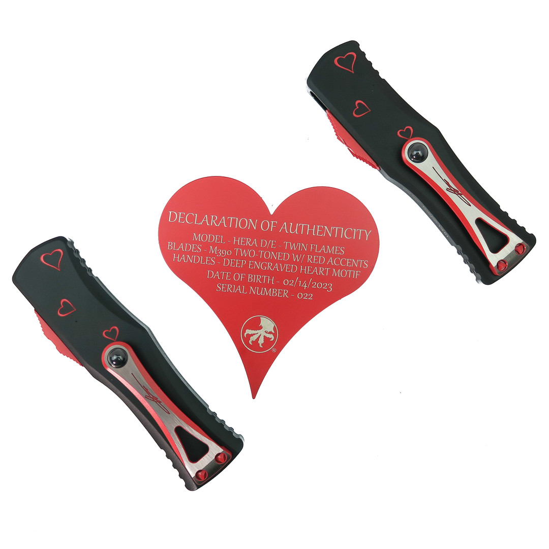 Microtech Signature Series Twin Flames Hera OTF Knife Set, Heart Deep Engraved, Clip View