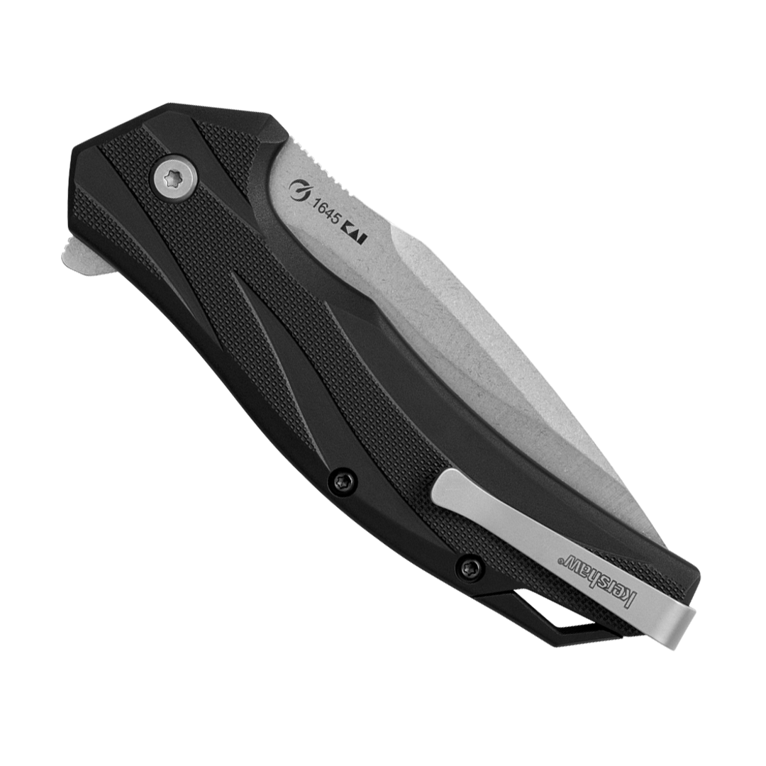 Kershaw Black Glass-Reinforced Nylon Lateral Assisted Flipper Knife, Stonewash Drop Point Blade, Clip View