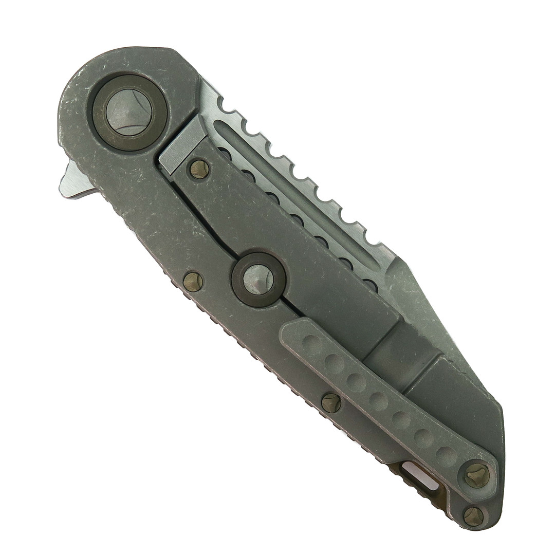 Marfione Custom Knives Titanium Warhound Flipper Knife, Two Tone Apocalyptic Blade, Clip View