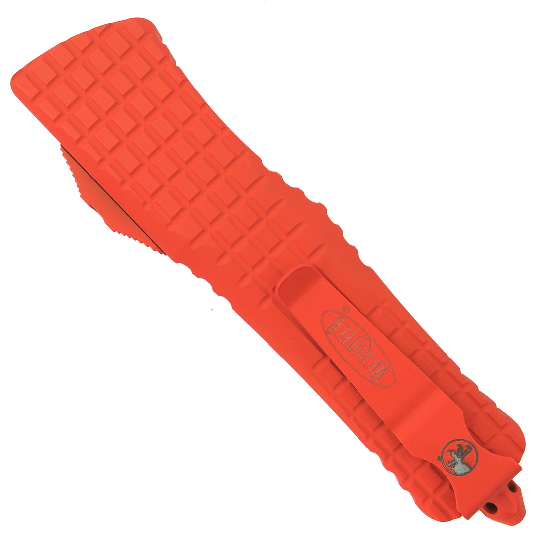 Microtech Orange Cerakote Frag Pattern Rescue Combat Troodon, Rescue Serrated Blade, Clip View