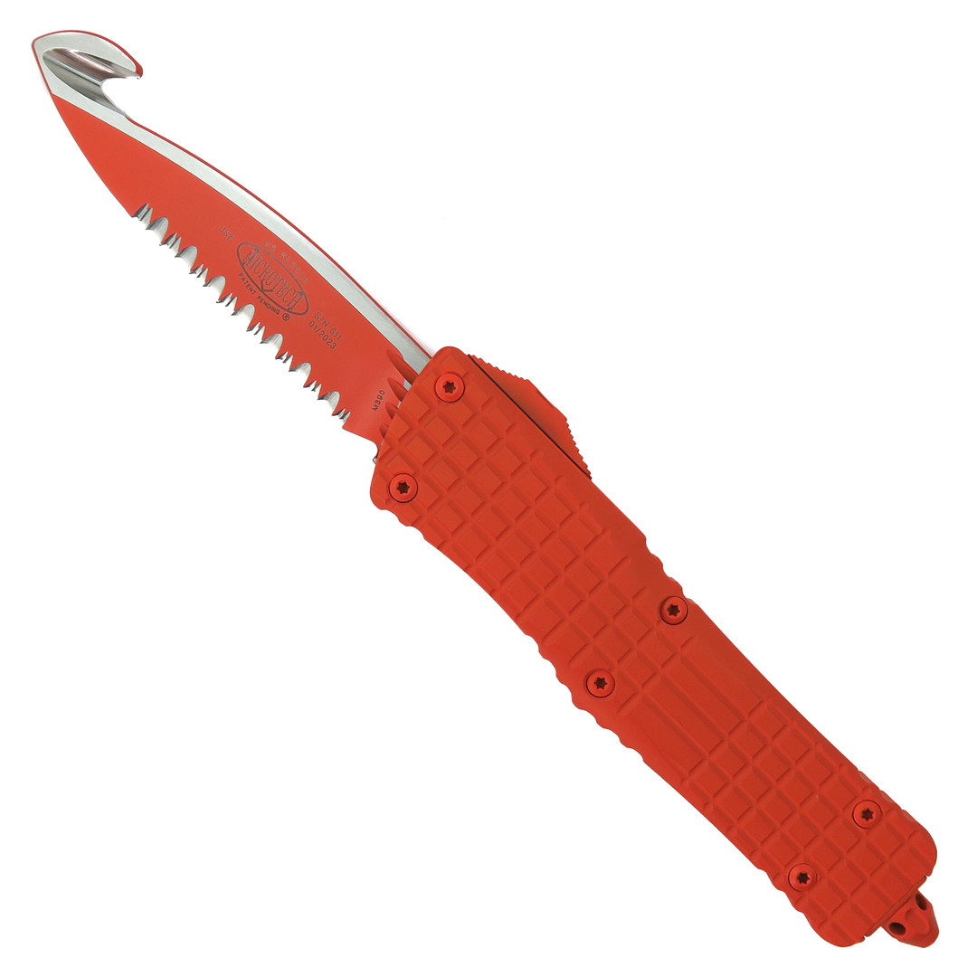 Microtech Orange Cerakote Frag Pattern Rescue Combat Troodon, Rescue Serrated Blade