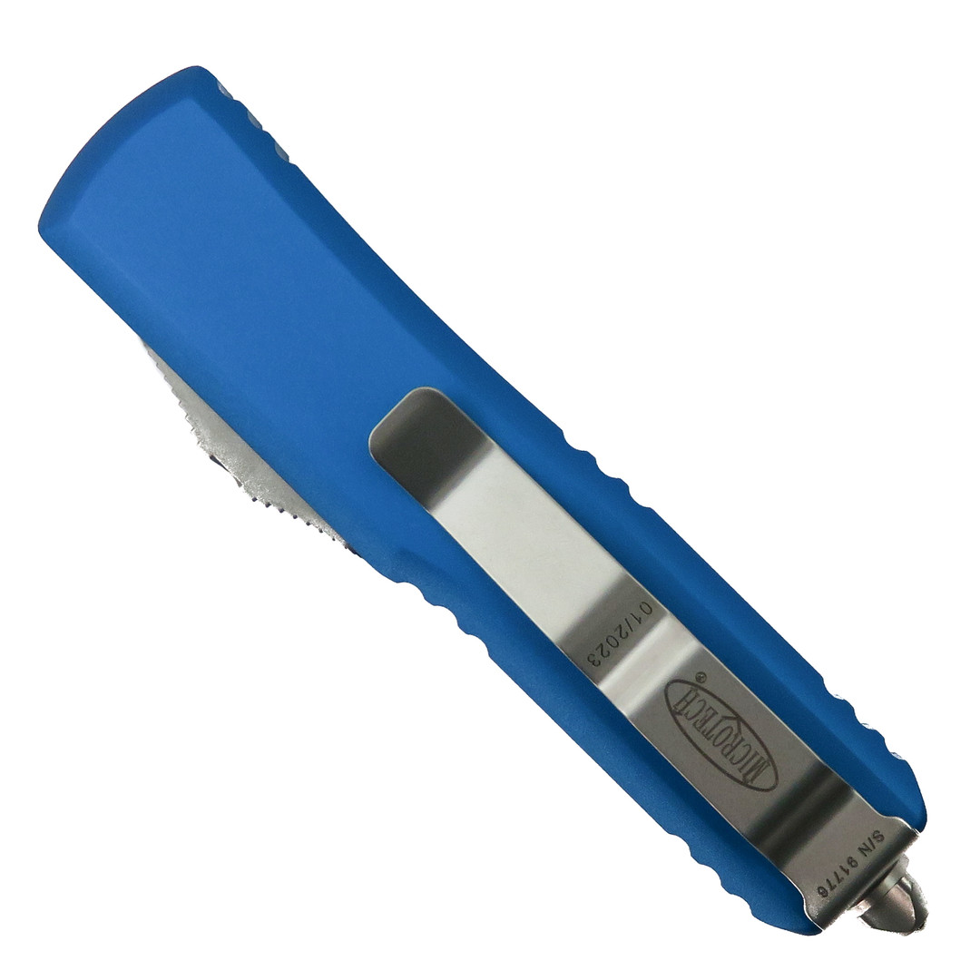 Microtech Blue UTX-85 OTF Auto Knife, Satin Blade, Clip View