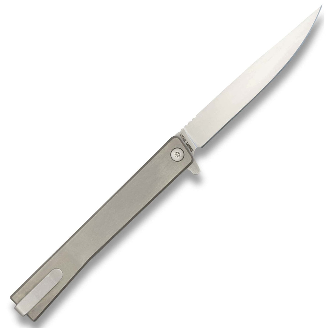 Ocaso Knives Titanium Solstice Flipper Knife, Satin S35VN Blade, Clip View