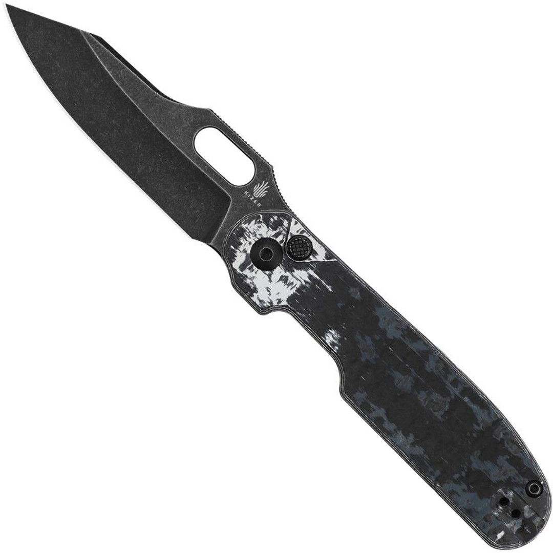 Kizer Cutlery Cormorant Button Lock Knife, Black Stonewash Blade