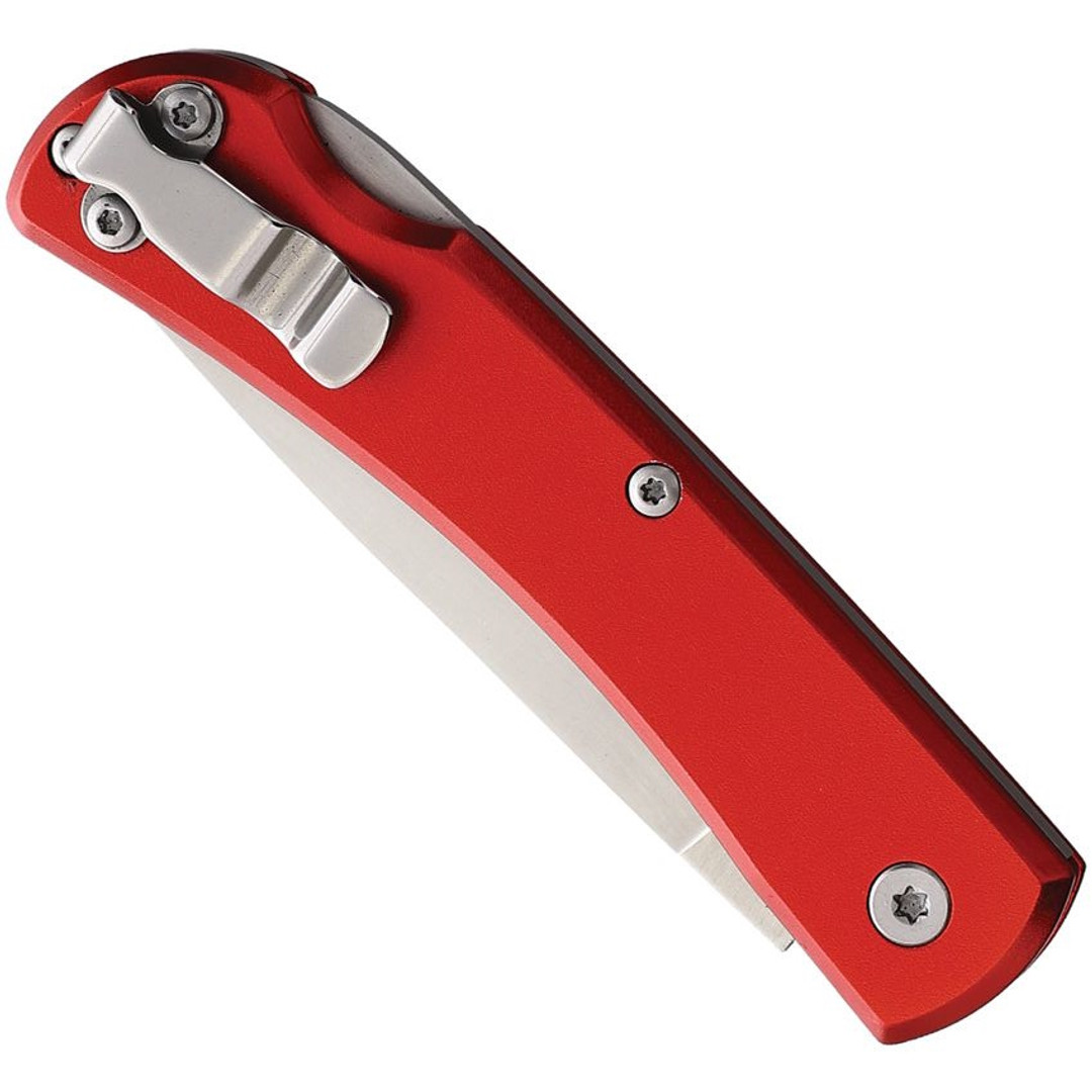 Bear & Son Red Aluminum Small Locking Farmhand Knife, Drop Point Blade, Clip View