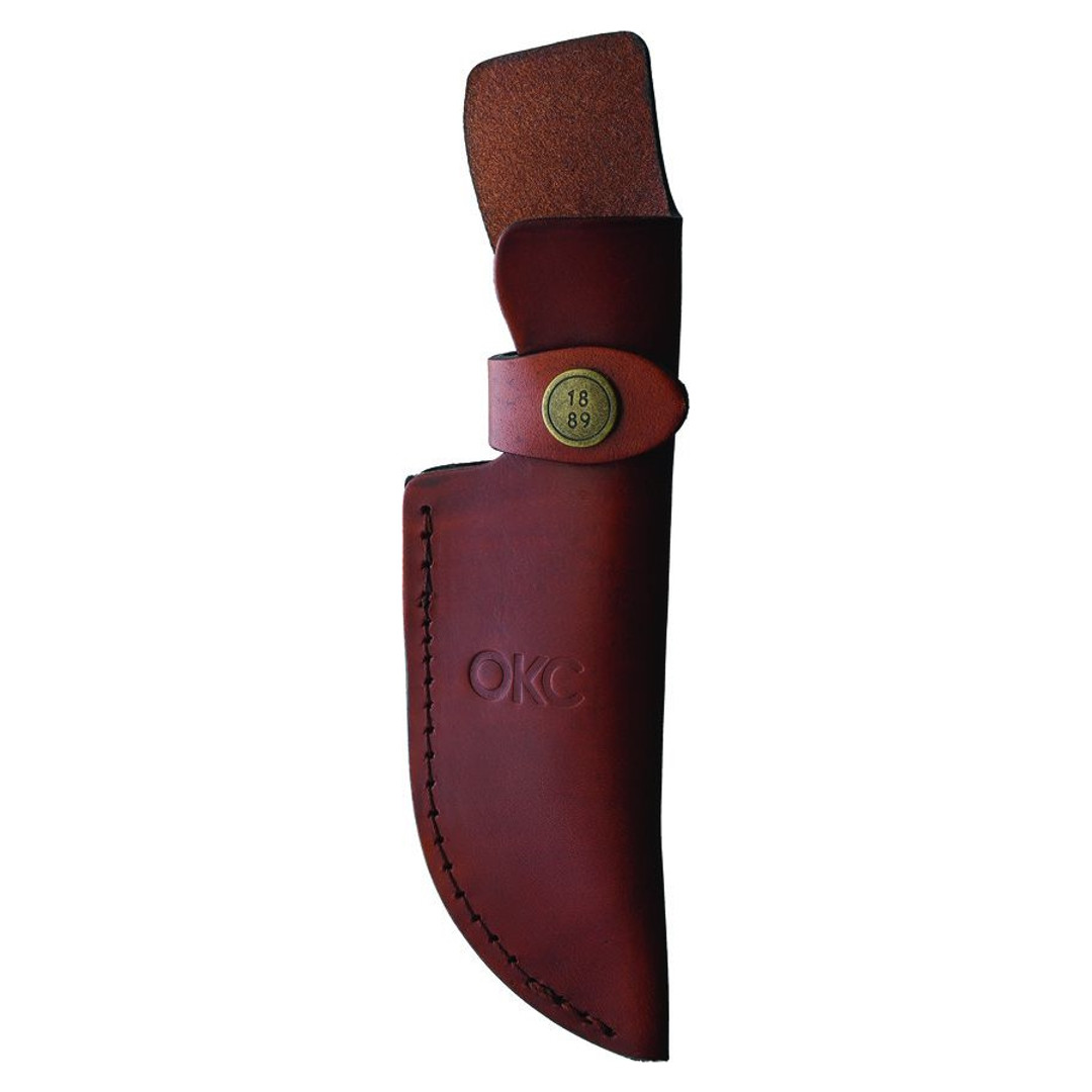 Ontario Brown Micarta Hiking Knife, Satin Drop Point Blade, Sheath View