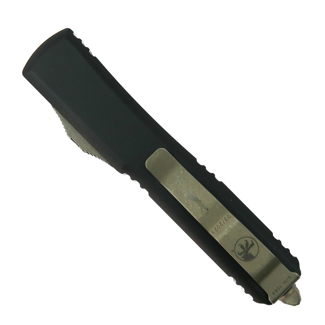 Microtech Signature Series Death Card Ultratech OTF Auto Knife, Bronzed Apocalyptic Blade, Clip View