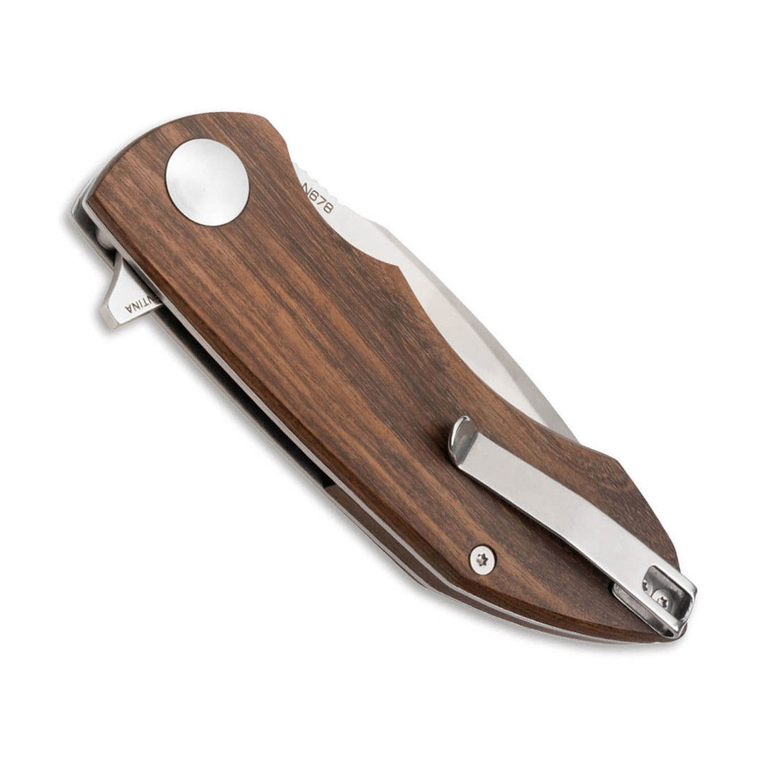 Boker Arbolito Nahuel Guayacan Ebony Wood Handles Folding Knife, N678 Satin Drop Point Blade, Clip View