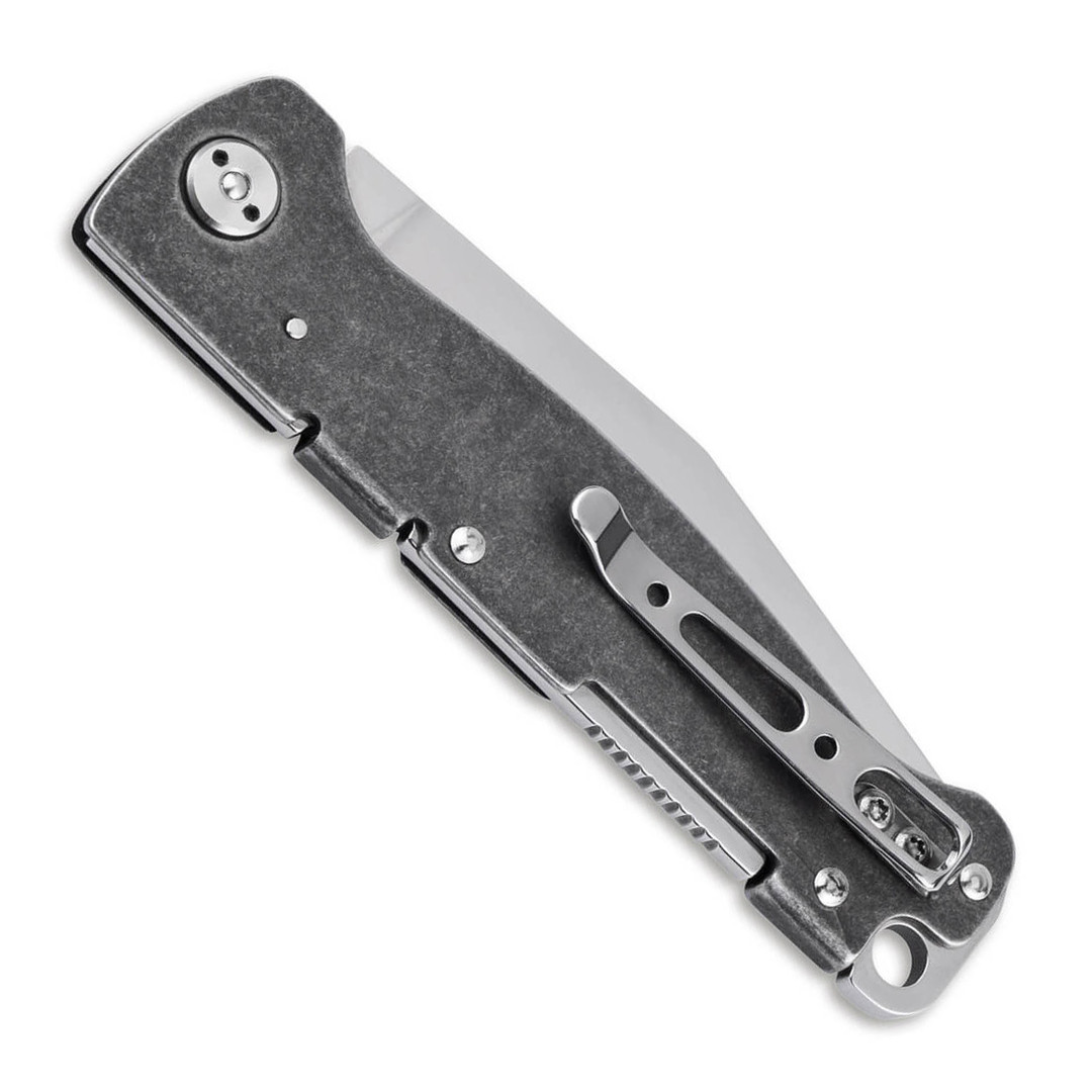 Boker Plus Atlas Backlock Dark Stonewashed Stainless Steel Pocket Knife, D2 Satin Clip Point Blade, Clip View