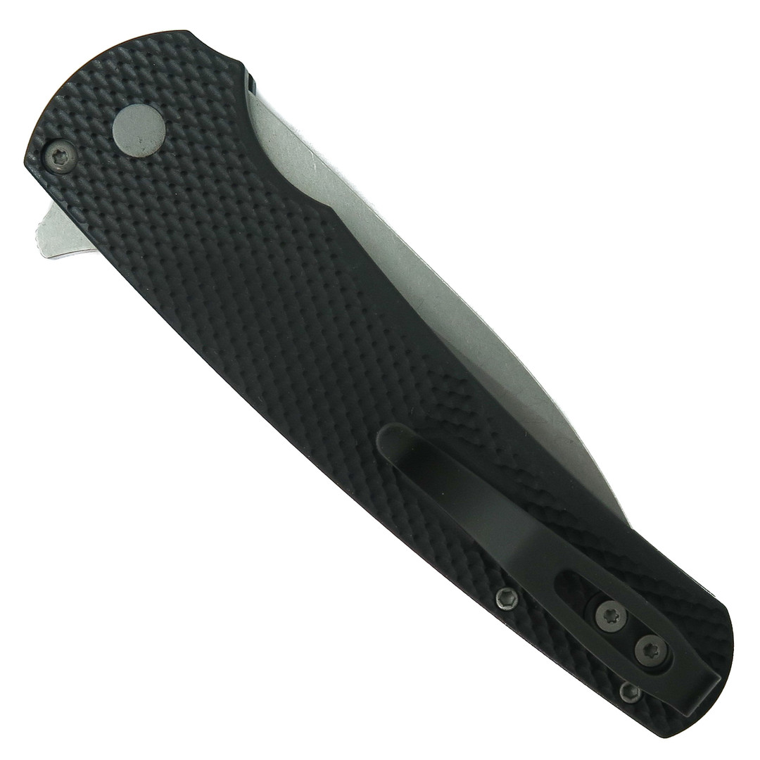 Pro-Tech Textured Black Malibu Flipper Knife, MagnaCut Modified Wharncliffe, Clip View
