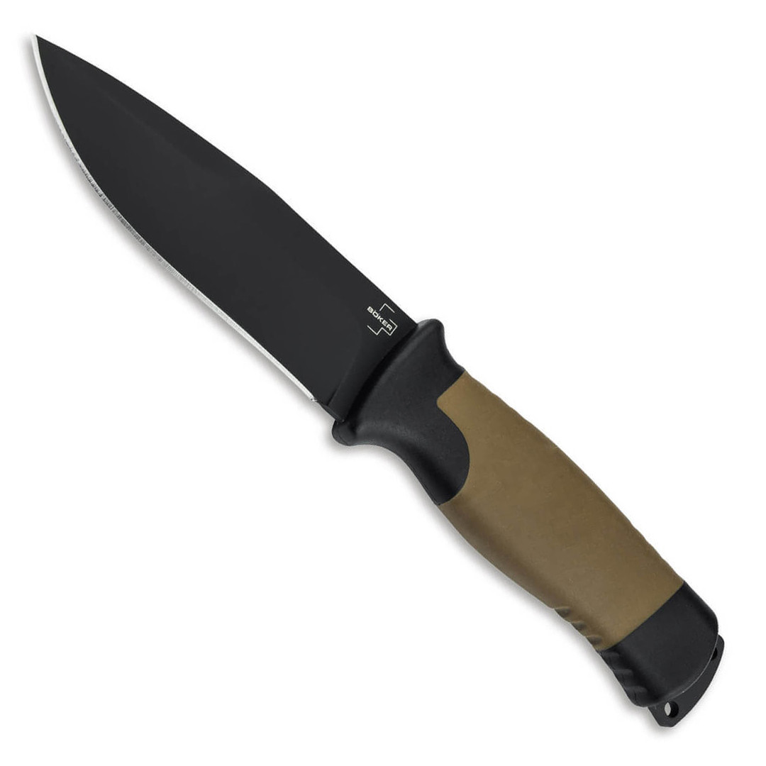 Boker Plus Desertman Black and Tan TPR Fixed Blade Knife, 12C27 Black Titanium Coated Drop Point Blade