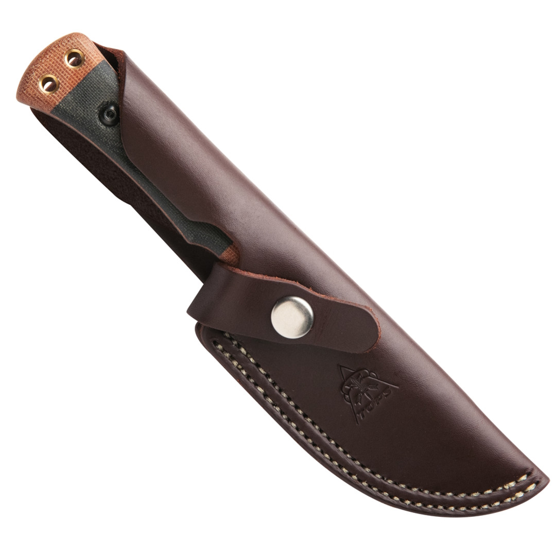 TOPS Knives Woodcraft Fixed Blade, Midnight Bronze Blade, Sheath View