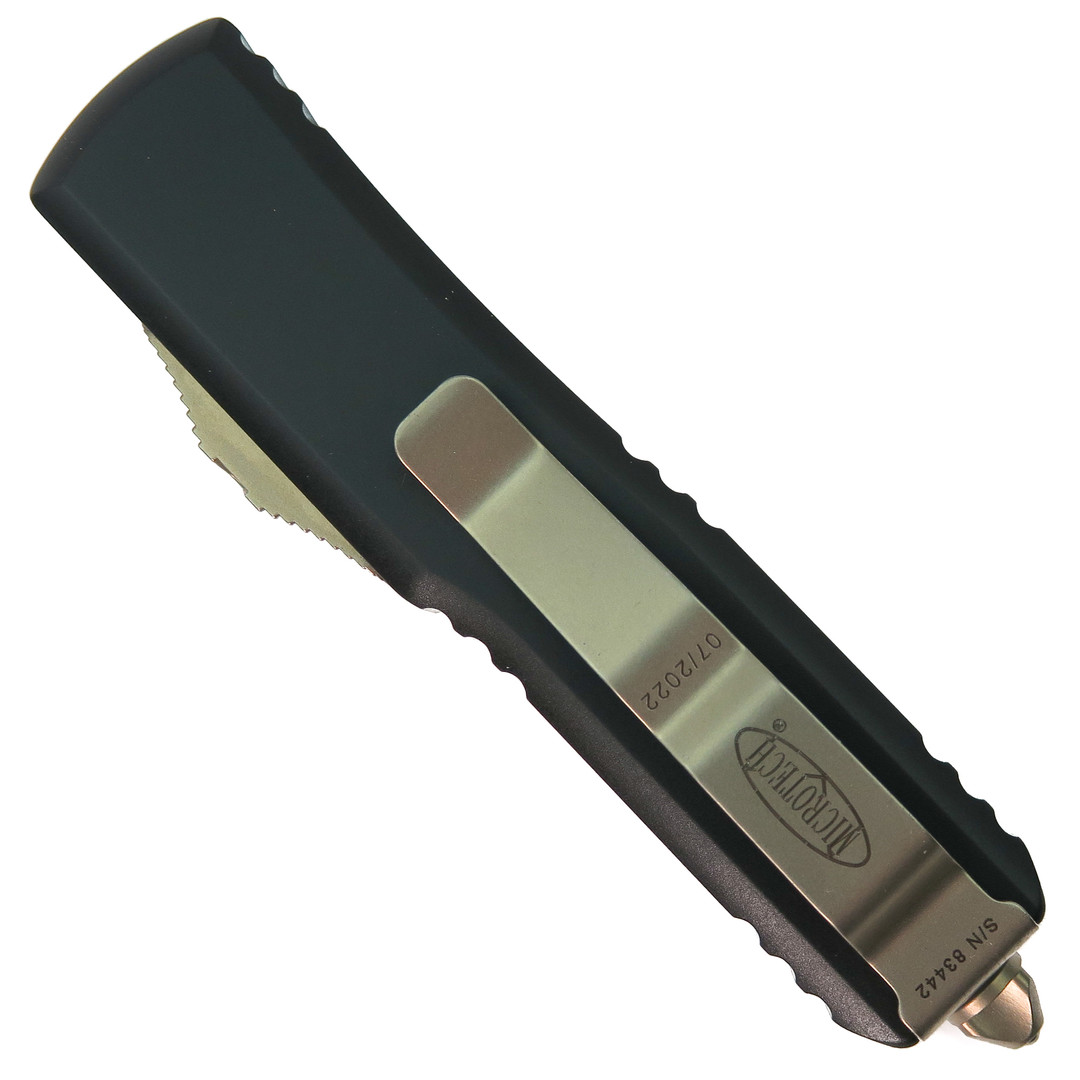 Microtech Black Aluminum UTX-85 OTF Auto Knife, Bronze Dagger Blade, Clip View
