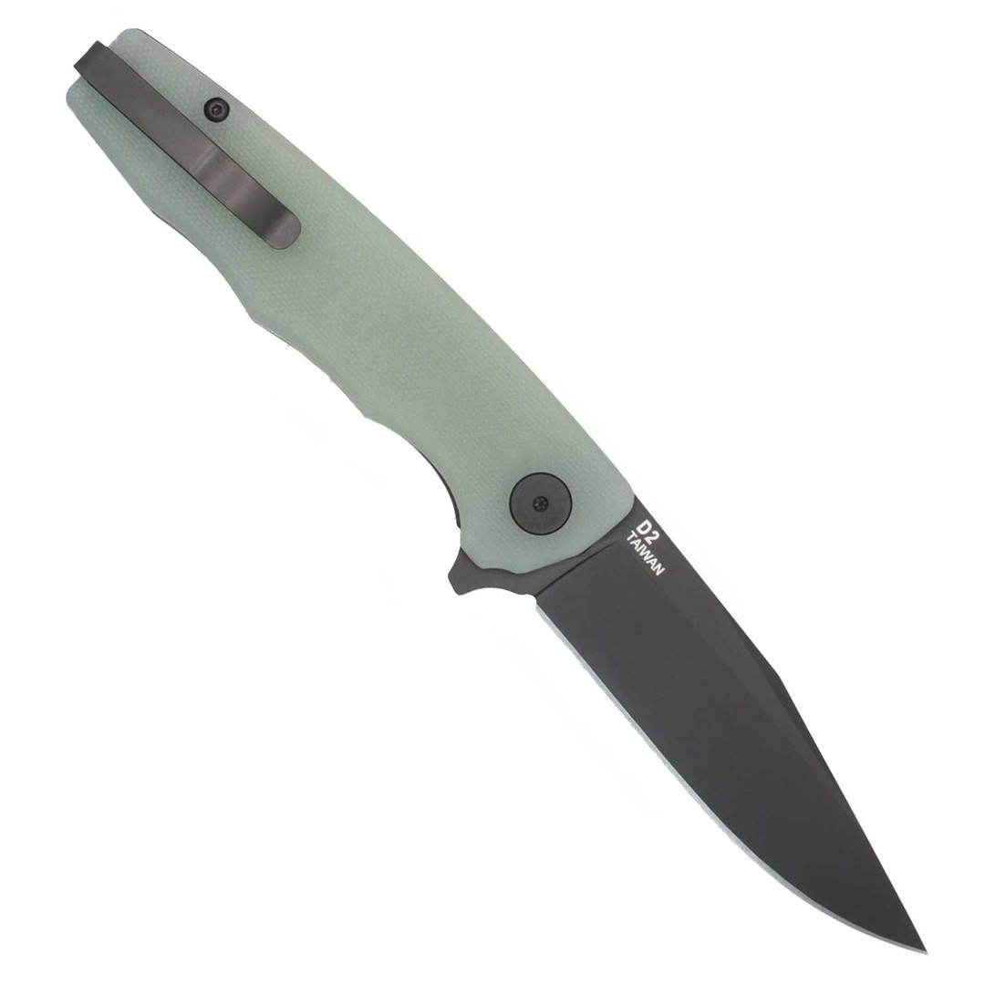 Ocaso Knives Jade G10 Strategy Flipper Knife, Black D2 Blade, Clip View