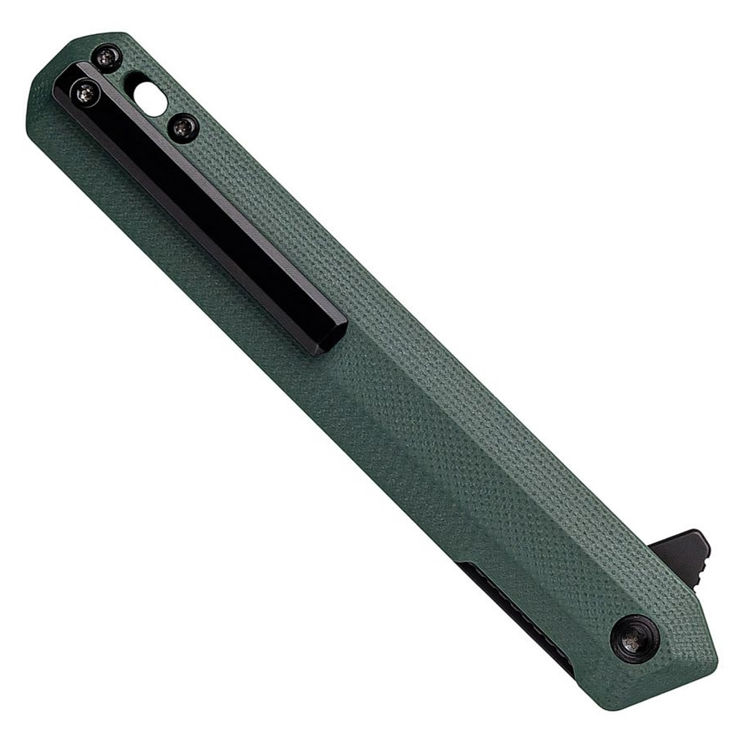 Tekto F2 Bravo Folding Knife, Green G10 Handle, Black Accents, Clip View