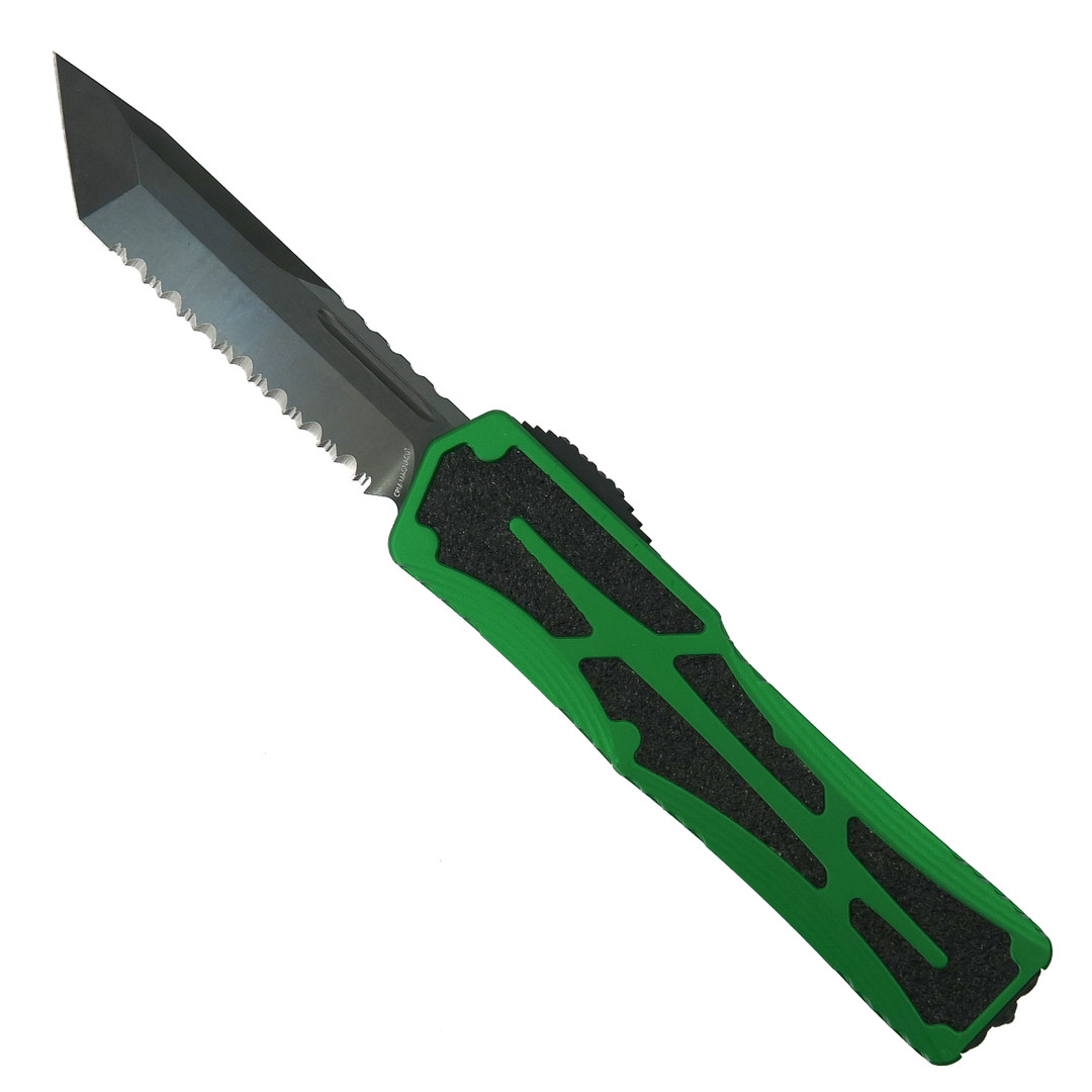 Heretic Knives Green Colossus OTF Knife, Black DLC Serrated Tanto Blade