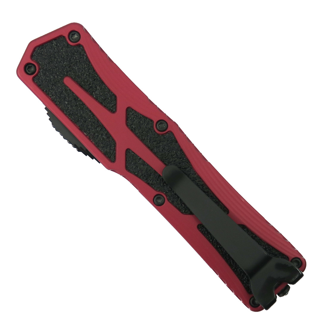 Heretic Knives Red Colossus OTF Knife, Black DLC Serrated Tanto Blade, Clip View