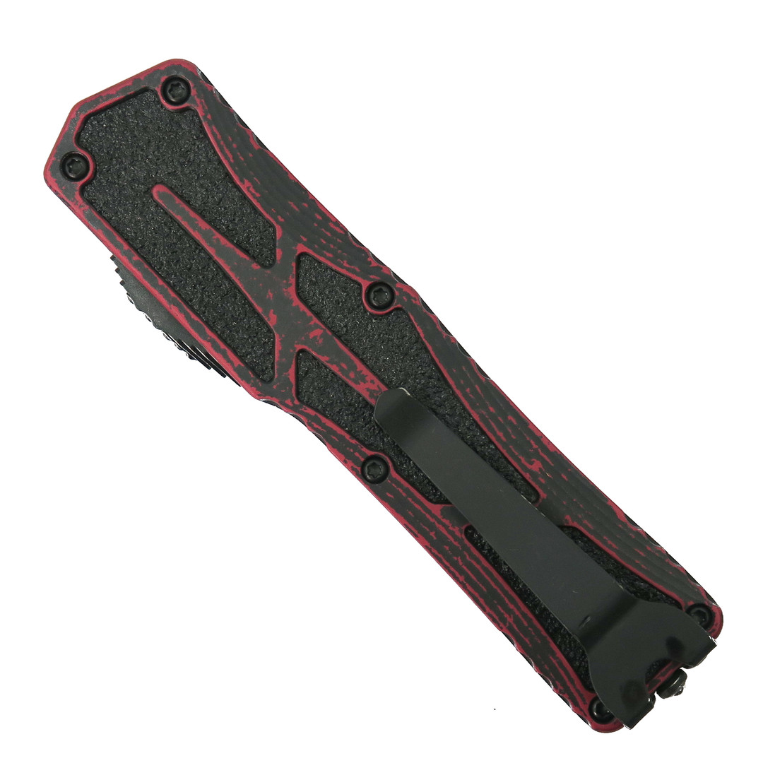 Heretic Knives Breakthrough Red Colossus OTF Knife, Battleworn Black Tanto Blade, Clip View