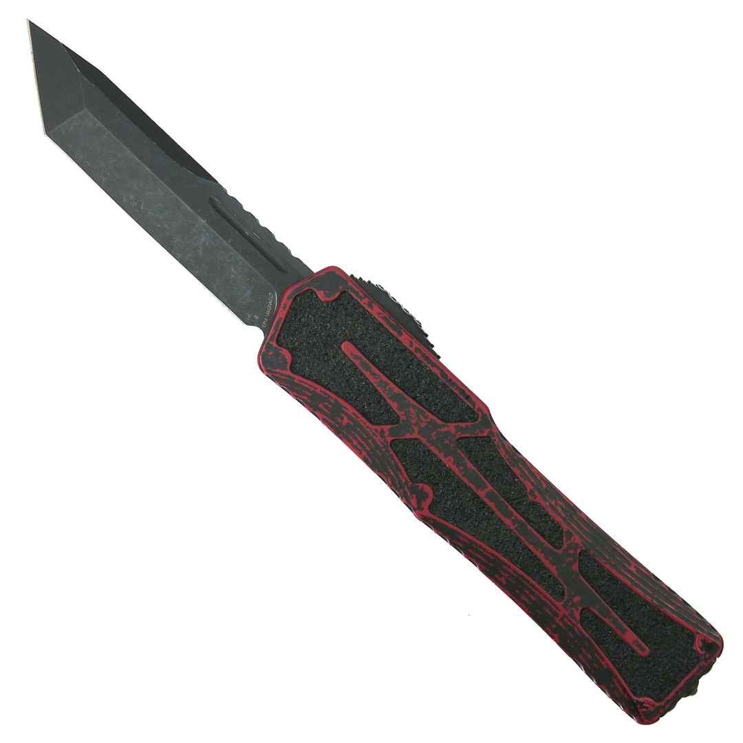 Heretic Knives Breakthrough Red Colossus OTF Knife, Battleworn Black Tanto Blade