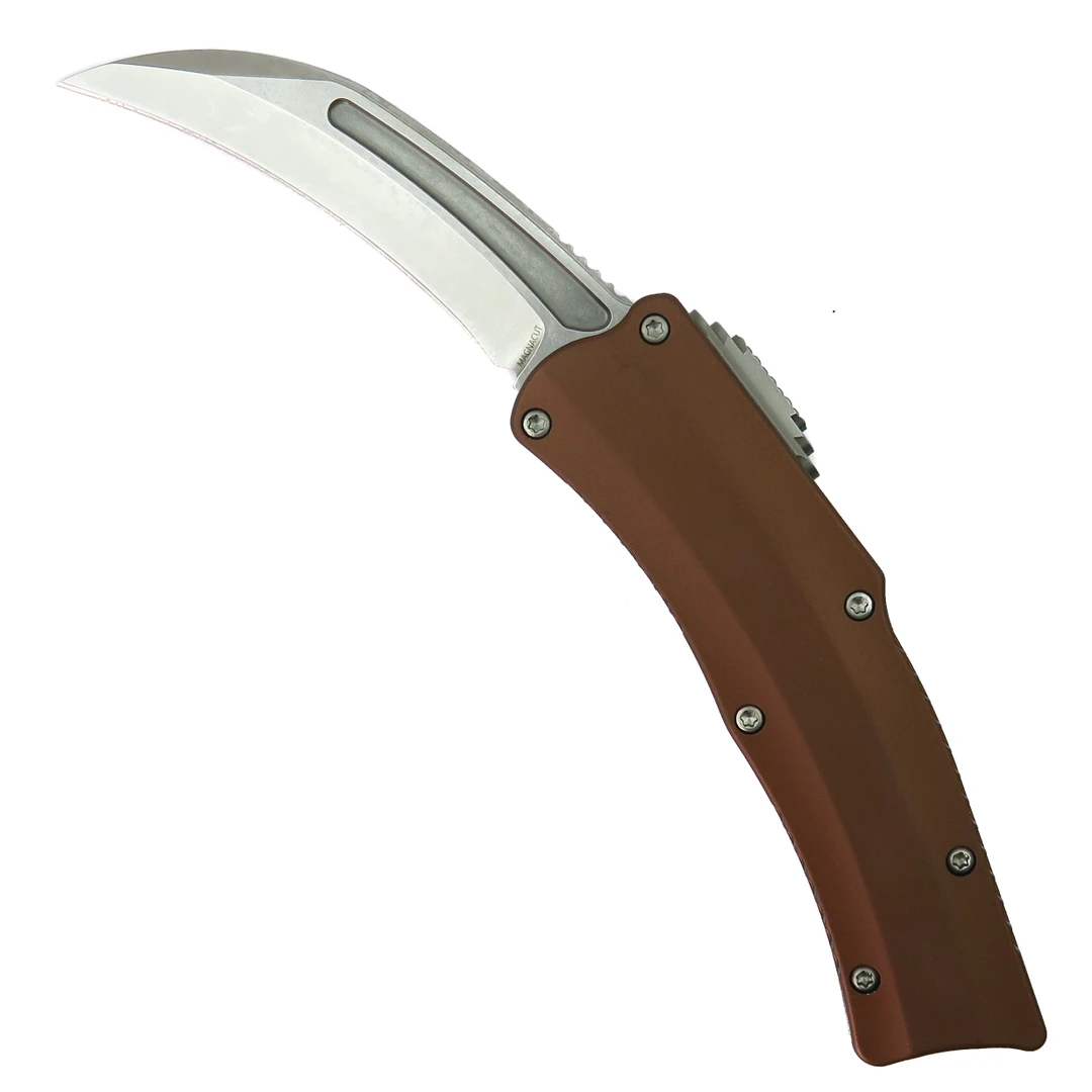 Heretic Knives Root Beer ROC OTF Knife, Stonewash Hawkbill Blade 