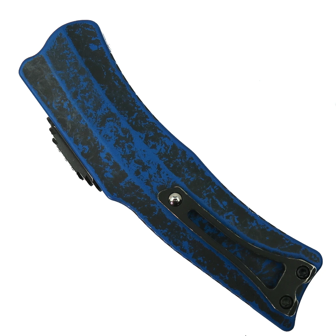 Heretic Knives Breakthrough Blue ROC OTF Knife, Two Tone Battle Black Hawkbill Blade, Clip View