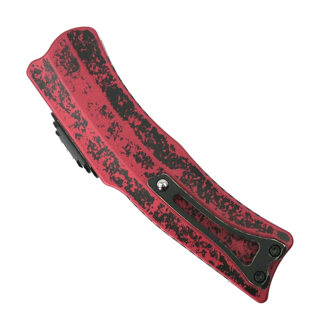 Heretic Knives Breakthrough Red ROC OTF Knife, Two Tone Black Hawkbill Blade, Clip View